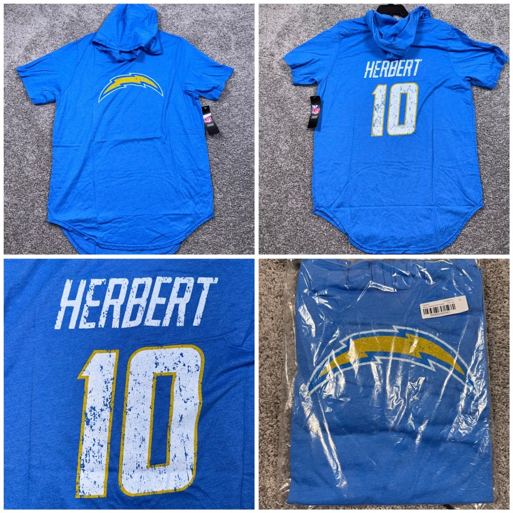 LA Chargers Justin Herbert Majestic Threads Hooded T-Shirt Mens Blue Large NEW